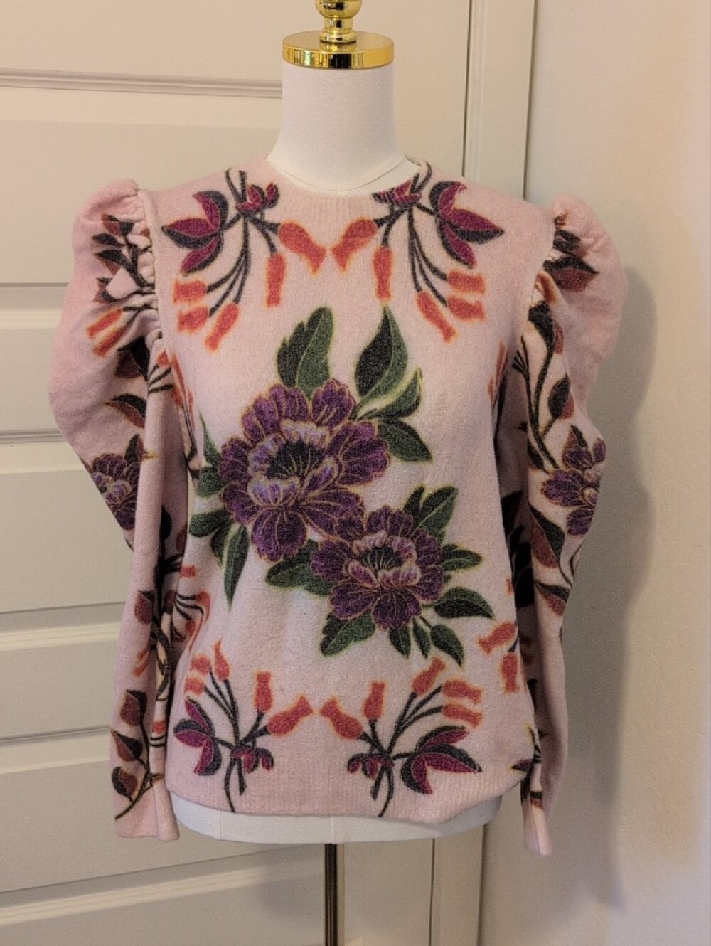 FARM RIO Sweater Winter Garden Floral Puff Sleeve Alpaca Blend Size Medium - Picture 3 of 13
